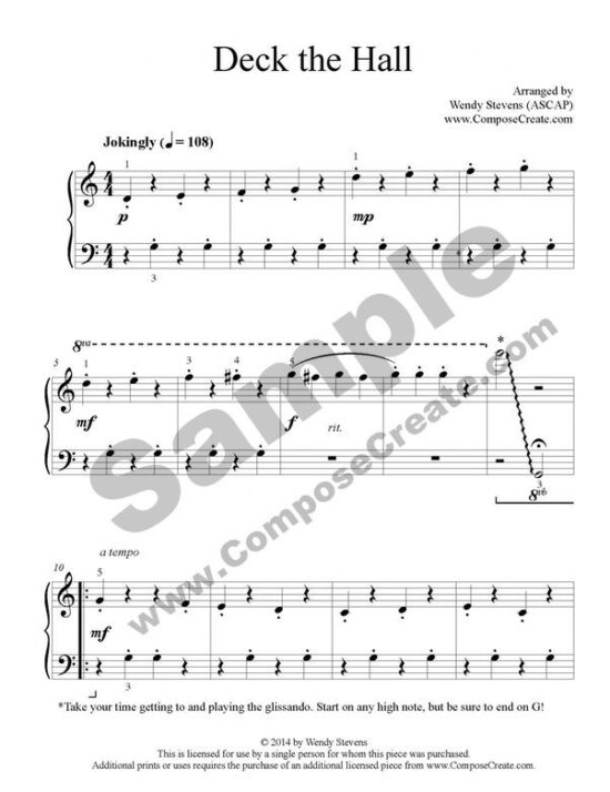 Deck the Hall Easy Elementary Piano Solo by Wendy Stevens