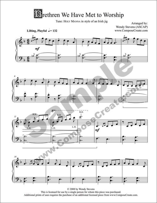 Brethren We Have Met to Worship - Irish hymn arrangement by Wendy Stevens | composecreate.com | Bundle: Late Intermediate Sacred Piano Arrangements