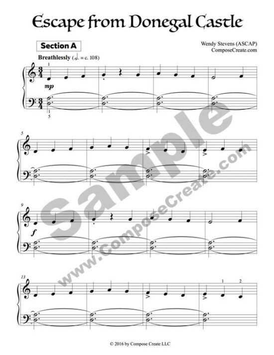 Escape from Donegal Castle - exciting elementary and early intermediate irish piano piece from composecreate.com by Wendy Stevens