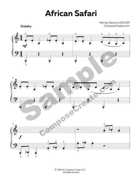 African Safari Elementary piano reading and rote piece | composecreate.com