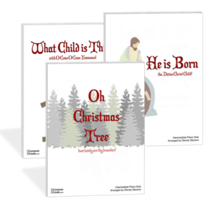 Deck the Hall Intermediate and O Christmas Tree, He is Born, What Child is This - Bundle of intermediate holiday piano solos by Wendy Stevens | ComposeCreate.com