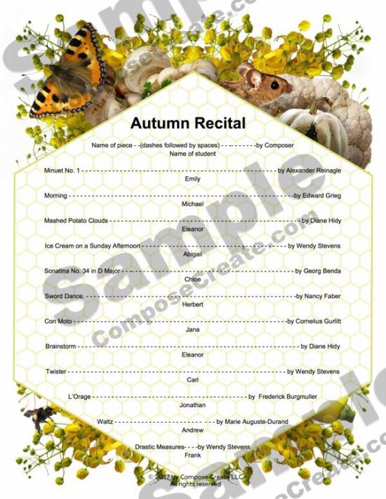 November Piano Teaching Ideas: Fall Recital Program Editable Template from ComposeCreate.com