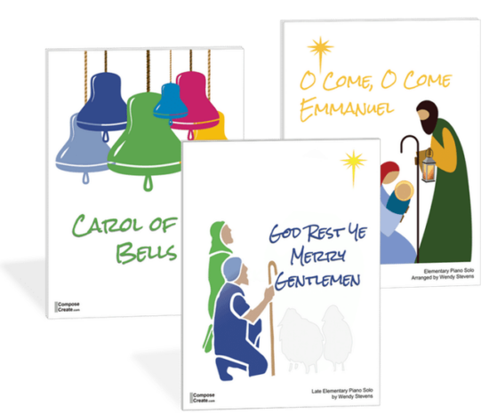 Hot Holiday Piano Pieces by Level: BUNDLE: O Come O Come Emmanuel, God Rest Ye Merry Gentlemen, Carol of the Bells - Elementary piano solos by Wendy Stevens | ComposeCreate.com