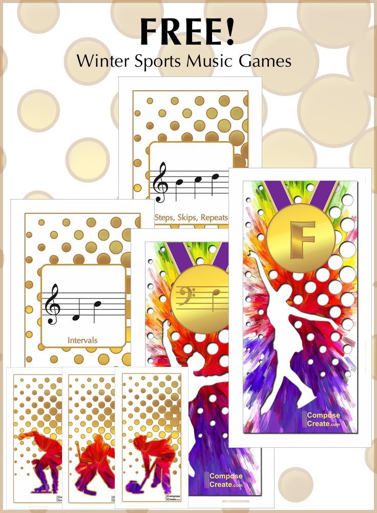 Free winter sports music games from ComposeCreate. Work on note names, white key letter names, steps, skips, repeats, intervals, and more music theory | ComposeCreate.com #free #music #flashcards #games #theory #olympic #sports #winter