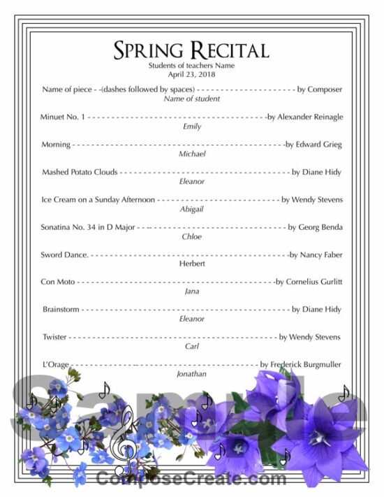 2018 Spring Editable Recital Program Package - ComposeCreate.com Comes with Word, Pages, and editable PDF Files. Color and Black and white recital programs | ComposeCreate.com #recital #program #template #spring