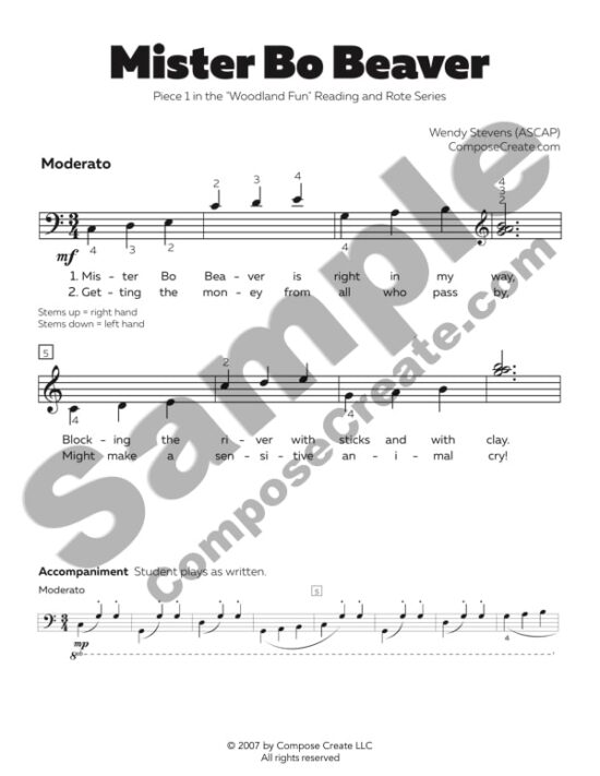 Mister Bo Beaver (formerly Cleaver the Beaver) - Reading and Rote piano solo with teacher duet by Wendy Stevens | #piano #rote #teaching #piece #repertoire #solo #duet Part of the Woodland Fun Bundle of Piano music about Woodland Creatures