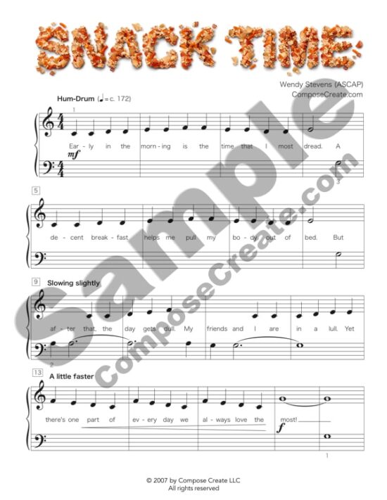 Snack Time - Piano Solo by Wendy Stevens | ComposeCreate.com #piano #music #food #fun #recital #repertoire #silly Snack Time and The Booger Song are super motivating to young elementary piano students because they describe what kids think! Hilarious lyrics. | ComposeCreate.com | Piano solos about food by Wendy Stevens