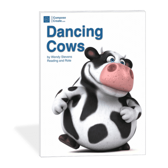 Dancing Cows - Beginner Rote and Reading early elementary piano piece with teacher duet by Wendy Stevens | ComposeCreate.com
