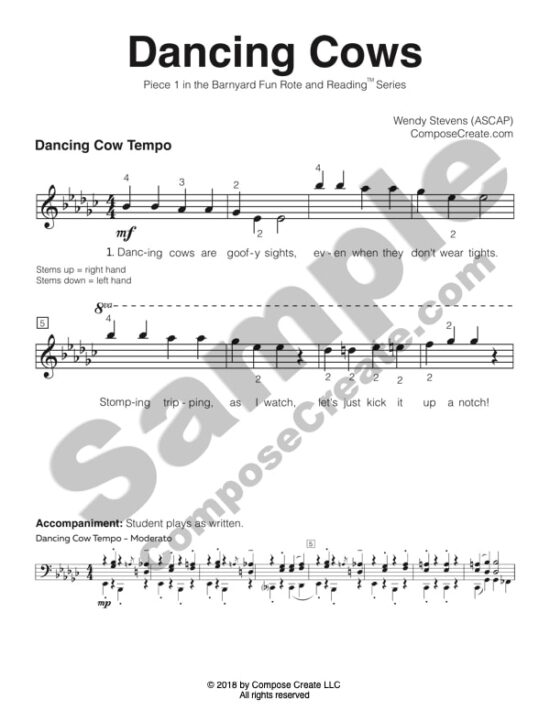 Dancing Cows - Rote and Reading early elementary piano piece with teacher duet by Wendy Stevens | Part of the Barnyard Fun Rote and Reading series | ComposeCreate.com | Bundle: Dancing Cows + A Piggy Pet | Farm Animal Piano Piece