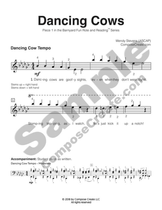 Dancing Cows - Beginner Rote and Reading early elementary piano piece with teacher duet by Wendy Stevens | ComposeCreate.com | Bundle: Dancing Cows + A Piggy Pet