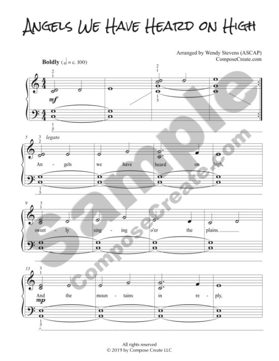 Easy Angels We Have Heard on High - elementary piano arrangement by Wendy Stevens | ComposeCreate.com