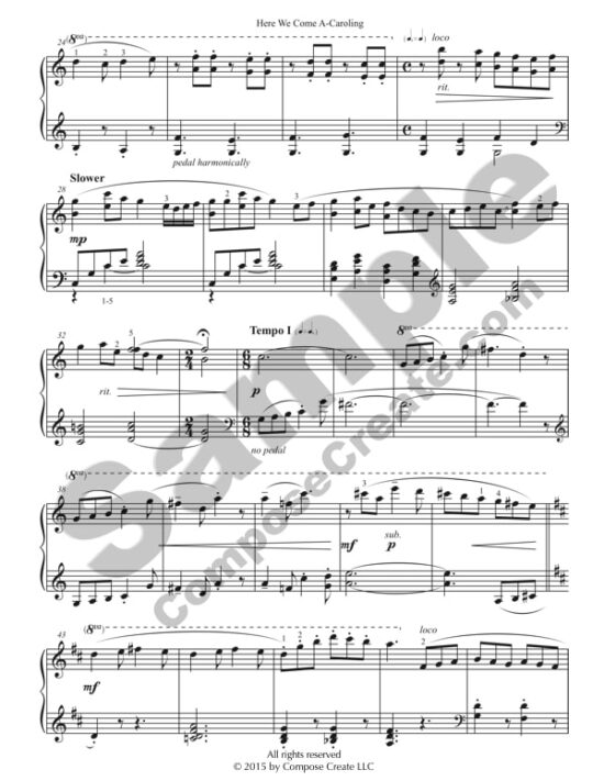 Here We Come A Caroling piano arrangement by Wendy Stevens from the All is Calm collection available at ComposeCreate.com