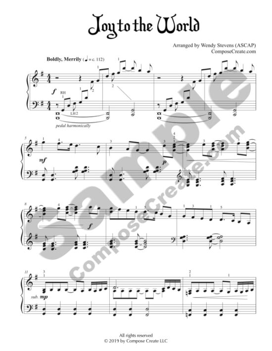 Joy to the World - Intermediate Piano arrangement by Wendy Stevens | ComposeCreate.com