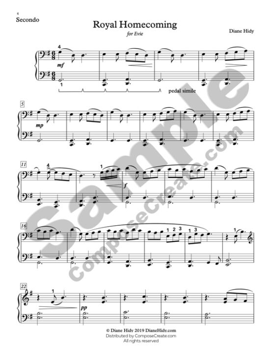 Royal Homecoming duet - piano music by Diane Hidy on the 2020-2014 NFMC list | Available for sheet music download on ComposeCreate.com