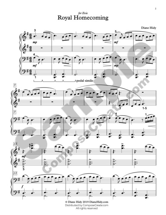 Royal Homecoming duet - piano music by Diane Hidy on the 2020-2014 NFMC list | Available for sheet music download on ComposeCreate.com