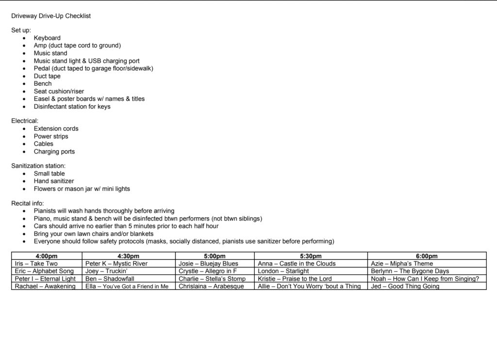A checklist for Driveway Drive-By Recitals. composecreate.com 

