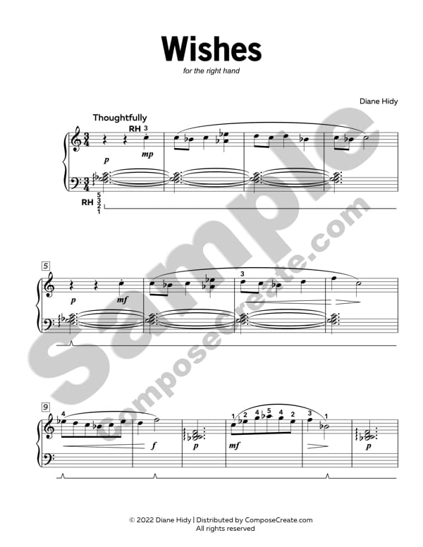 Wishes - a right hand only piano solo by Diane Hidy | Excellent for piano students who have broken their arm | ComposeCreate.com
