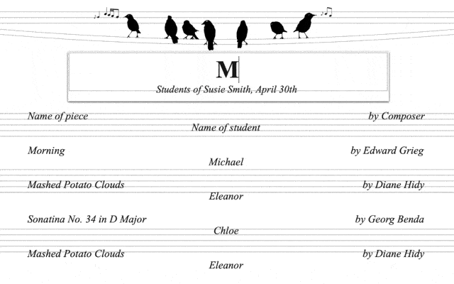 Singing Birds Recital Program - Editable piano recital program from ComposeCreate.com