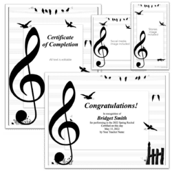 Singing Birds Certificates - Editable music certificates featuring singing birds on telephone wires on a music staff | ComposeCreate.com