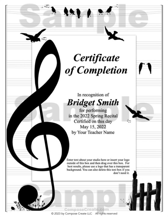 Singing Birds Certificates - All text is completely editable