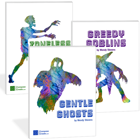 Creepy Creatures 1 Bundle - includes Gentle Ghosts, Greedy Goblins, and Zoneless Zombies. All are elementary level piano solos by Wendy Stevens | ComposeCreate.com