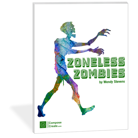Zoneless Zombies is a bold and edgy Halloween piano solo by Wendy Stevens. It's part of the Creepy Creatures Bundle | ComposeCreate.com