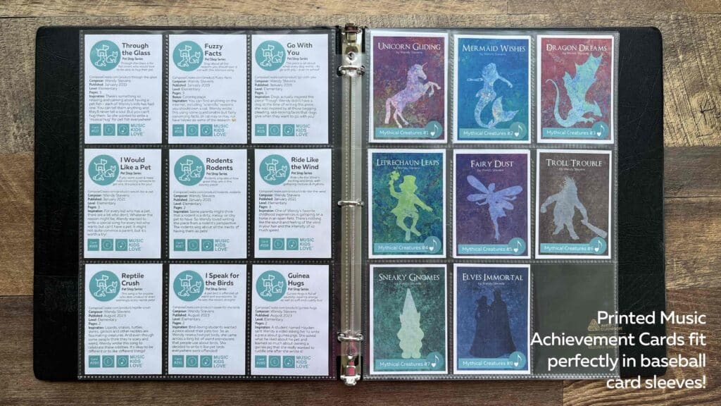 Printed music achievement cards fit perfectly in baseball card sized sleeves