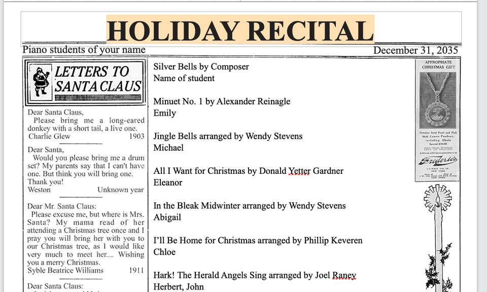 New Editable Holiday Newspaper Recital Template ComposeCreate com