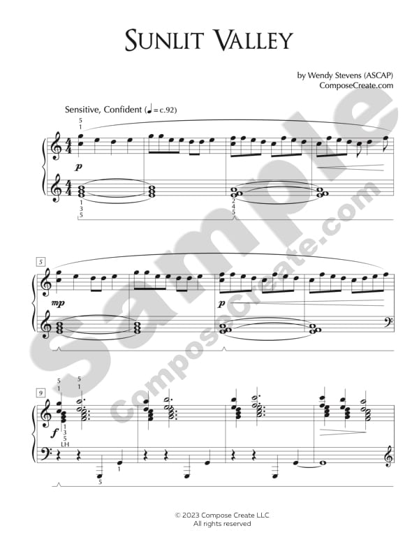 Sunlit Valley from the Exploring Beautiful Places 2 Piano solos series by Wendy Stevens | Late Elementary | ComposeCreate.com
