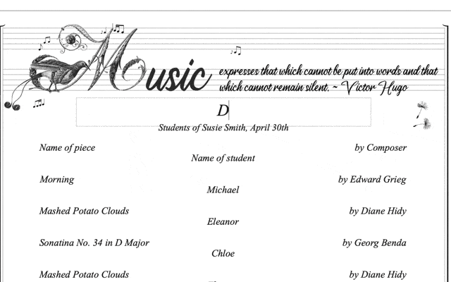 Horizontal Program Page 2 - Inspiring Quotes Recital Program - Editable recital program featuring famous quotes about music by famous men and women composers | ComposeCreate.com