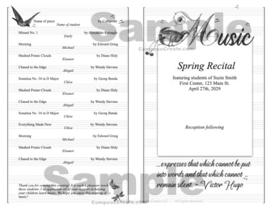 Horizontal Program Page 1 - Inspiring Quotes Recital Program - Editable recital program featuring famous quotes about music by famous men and women composers | ComposeCreate.com