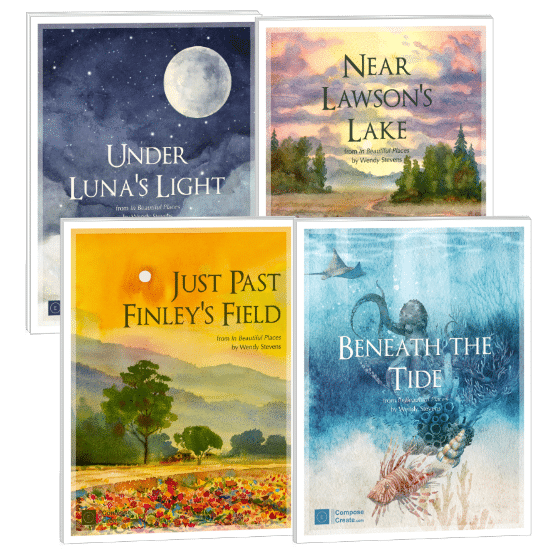 In Beautiful Places 2 bundle includes four mid elementary piano solos that are mature sounding: Just Past Finley's Field, Beneath the Tide, Under Luna's Light, and Near Lawson's Lake | Available for immediate download from ComposeCreate.com