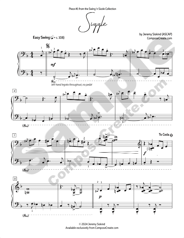 Sizzle by Jeremy Siskind | Late intermediate jazz piano solo available from ComposeCreate.com