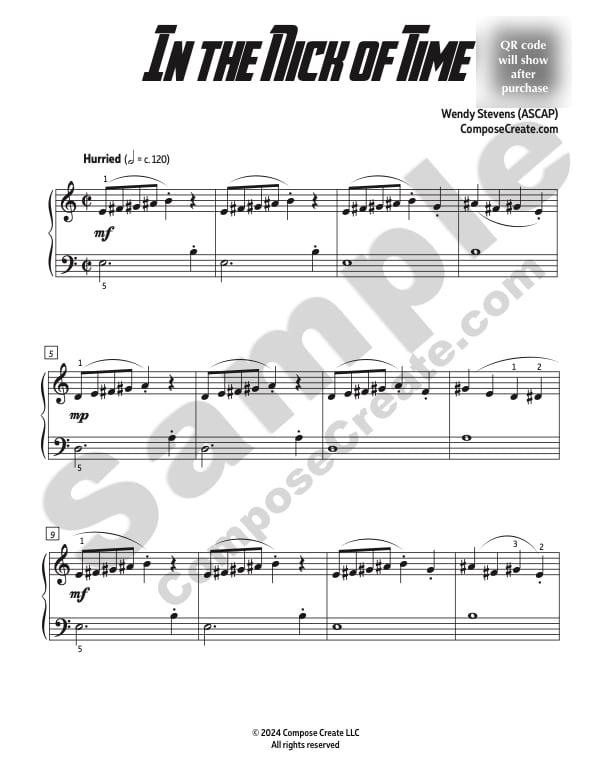 In the Nick of Time - Piano sheet music by Wendy Stevens, part of the Urgency Collection from ComposeCreate.com | Included in the August 2024 Bundle