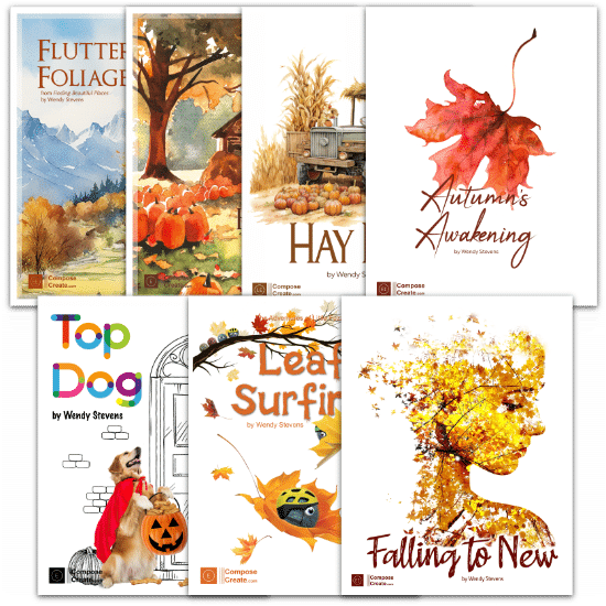 Autumn Music Bundle 2024 includes Fluttering Foliage, Harvest Bounty, Hay Ride, Autumns' Awakening, Top Dog, Leaf Surfing, and Falling to New. All piano solos by Wendy Stevens | ComposeCreate.com