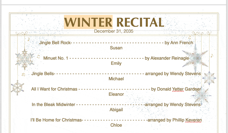 Animated GIF of 2024 Golden Winter Editable Recital Program | ComposeCreate.com