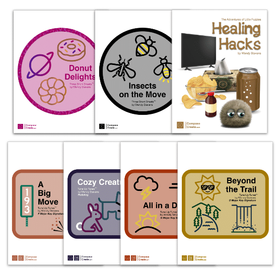 The January 2025 bundle includes four Tune Up Tunes, 2 Short Sheets, and Healing Hacks - a Little Fuzzies piece | ComposeCreate.com