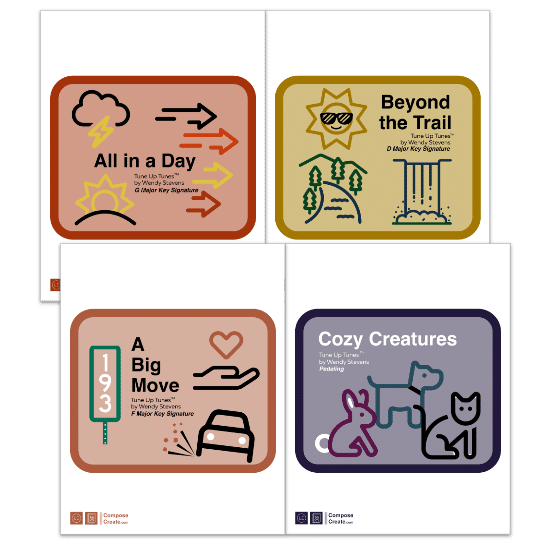 Tune Up Tunes Bundle 2 includes All in a Day, Beyond the Trail, A Big Move, and Cozy Creatures all for elementary to late elementary piano students | ComposeCreate.com