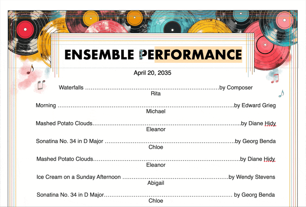 GIF demonstrating the Fully Editable Vintage Vinyl Recital Program | ComposeCreate.com