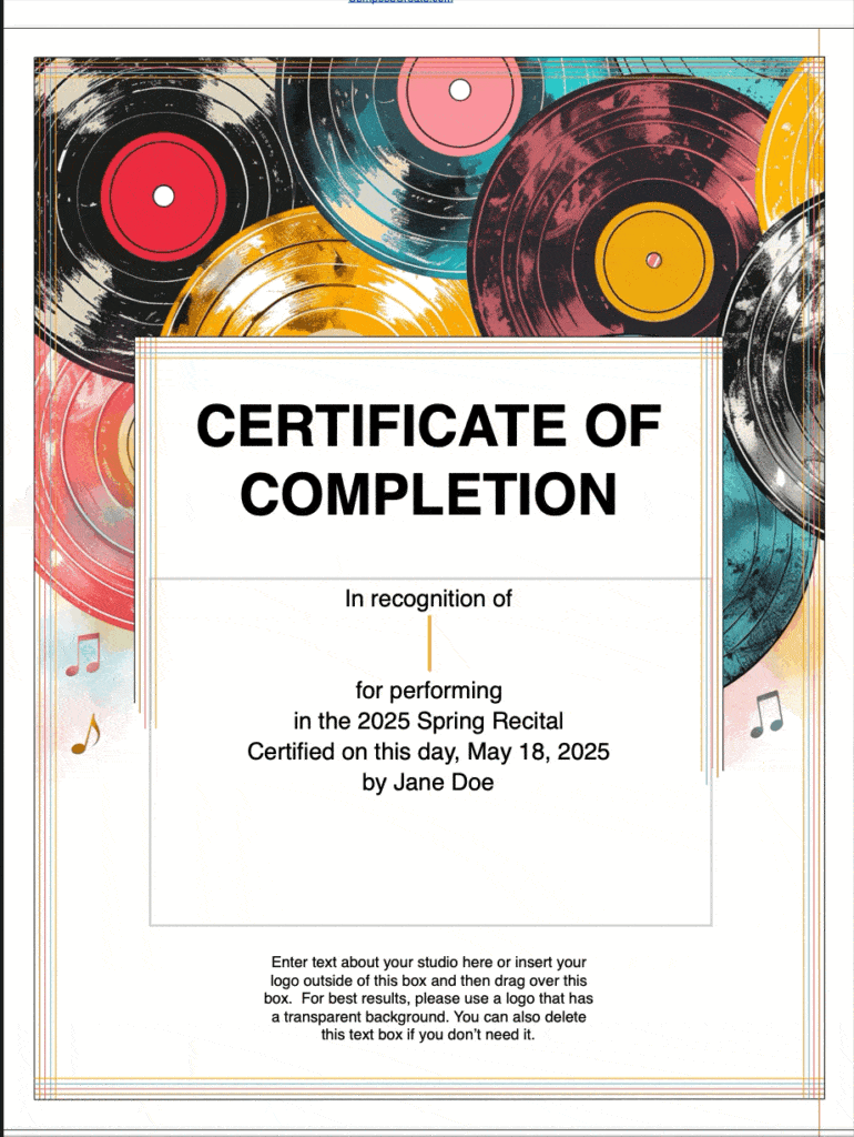 A GIF demonstrating the editable vertically aligned Certificate of Completion from the Vintage Vinyl Certificates + Social Media Images product. Find it at ComposeCreate.com!