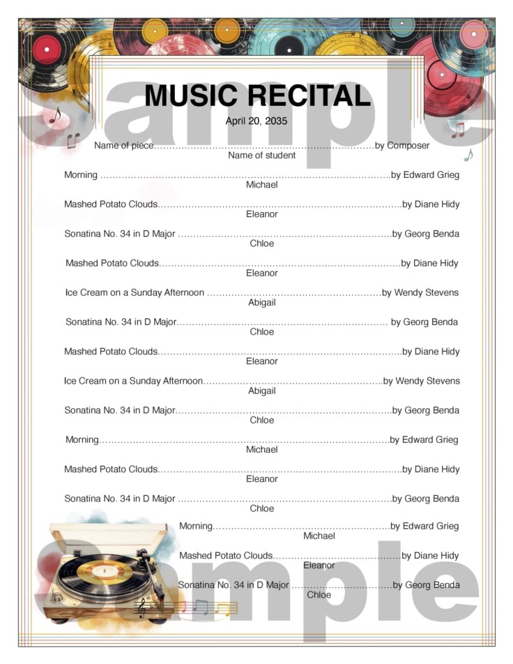 Sample image of Vintage Vinyl Vertical Recital Program from ComposeCreate.com