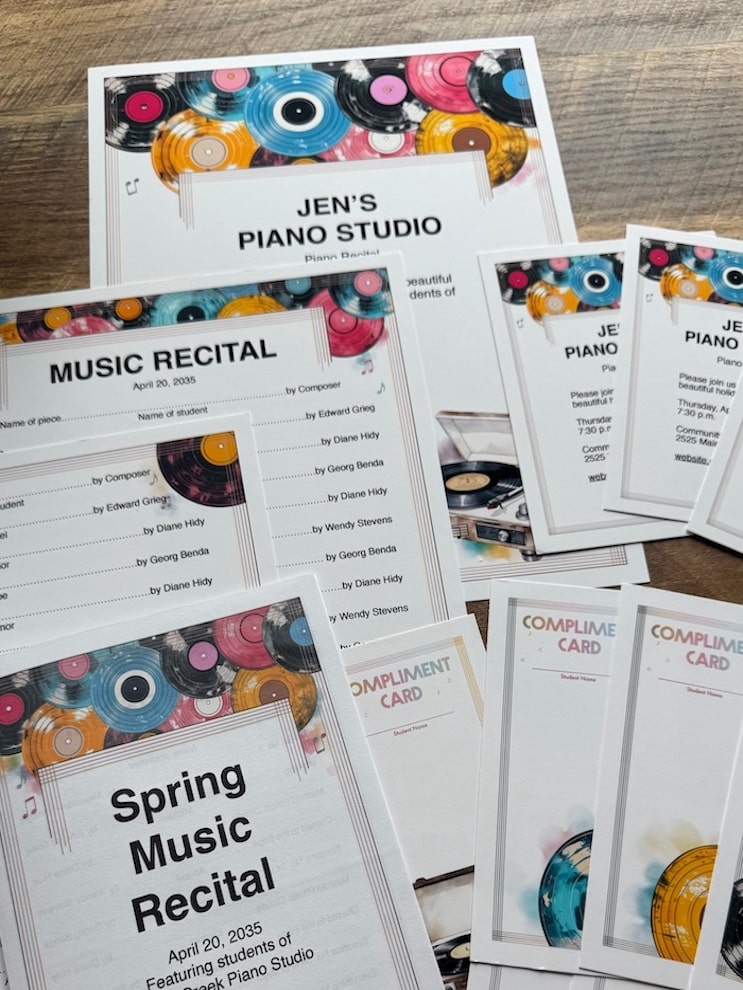 The Vintage Vinyl Recital Program Template: a colorful recital program that's editable and includes all the elements you see here! Only at ComposeCreate.com