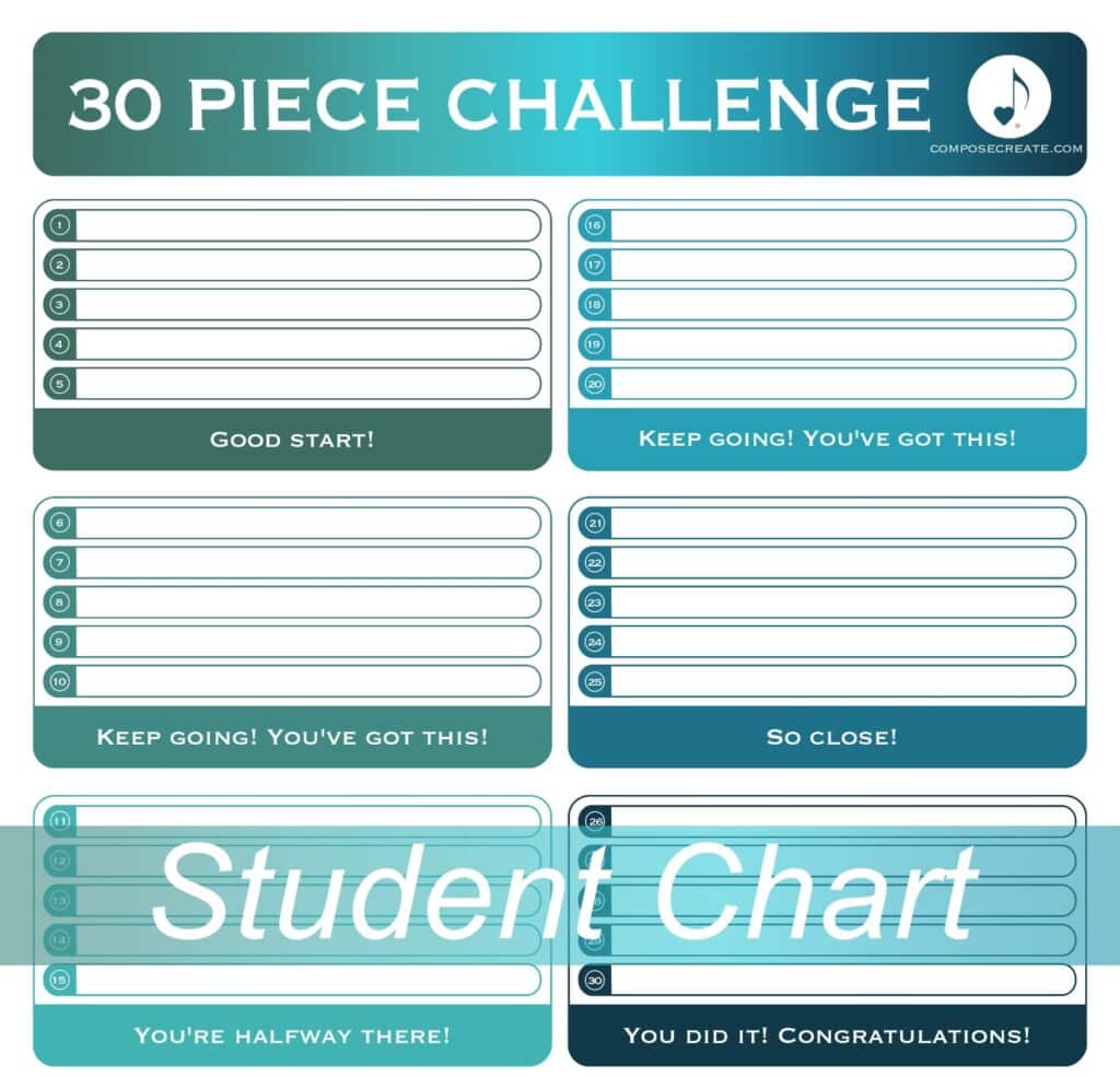 Sample image of the free 2025 student chart for the 30 and 40 Piece Challenge | ComposeCreate.com
