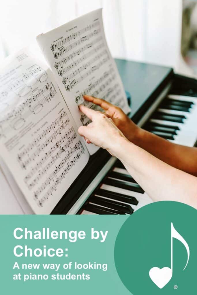 New on the ComposeCreate® blog: Challenge by Choice - a new way of looking at piano students | The image for this blog post is of a keyboard with sheet music on its stand, and two people are pointing at the same spot in the music. | ComposeCreate.com