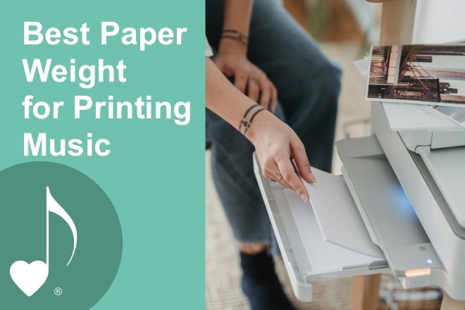 What's the best paper to use for printing music? Read the post! | Image is of a person sitting by a home printer, reloading paper in the paper tray | ComposeCreate.com