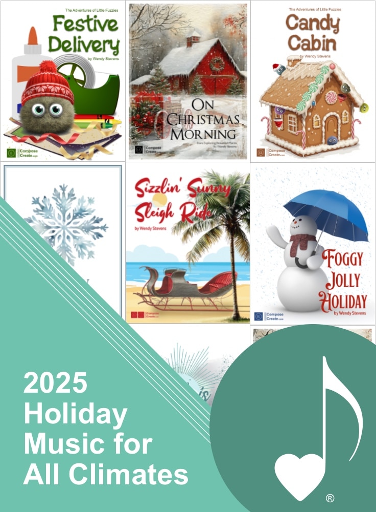The new 2025 Holiday Music is here at ComposeCreate.com! This image is a graphic of all the cover art for the 7 new pieces.