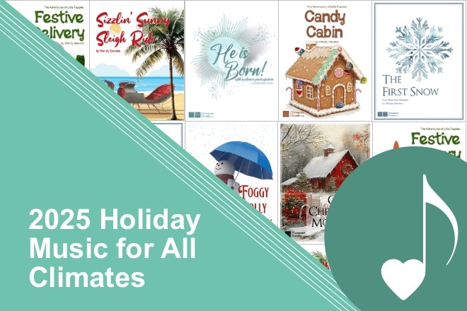 The new 2025 Holiday Music is here at ComposeCreate.com! This image is a graphic of all the cover art for the 7 new pieces.