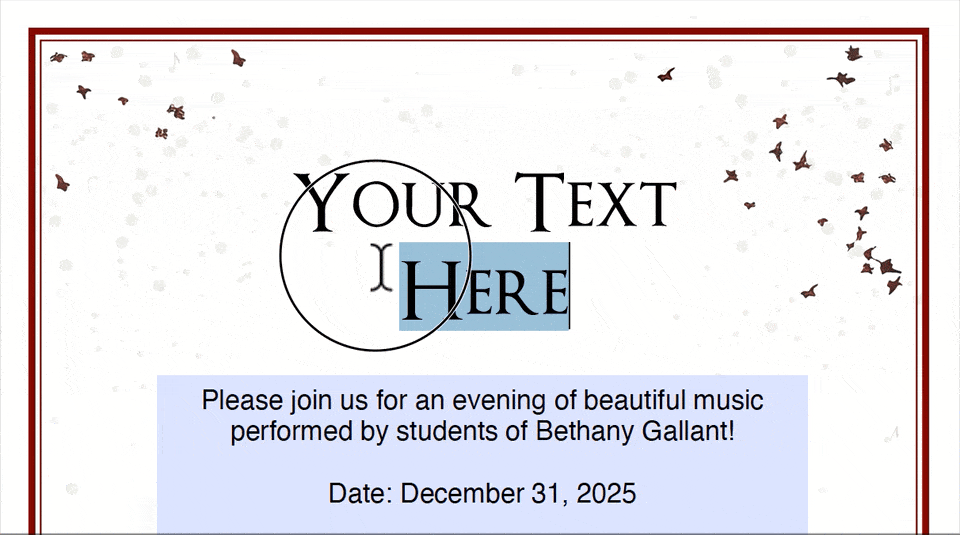 Sample GIF movie showing how the editable recital template works! Simply highlight text and change it! | Snow Holiday Recital Template Suite on ComposeCreate.com