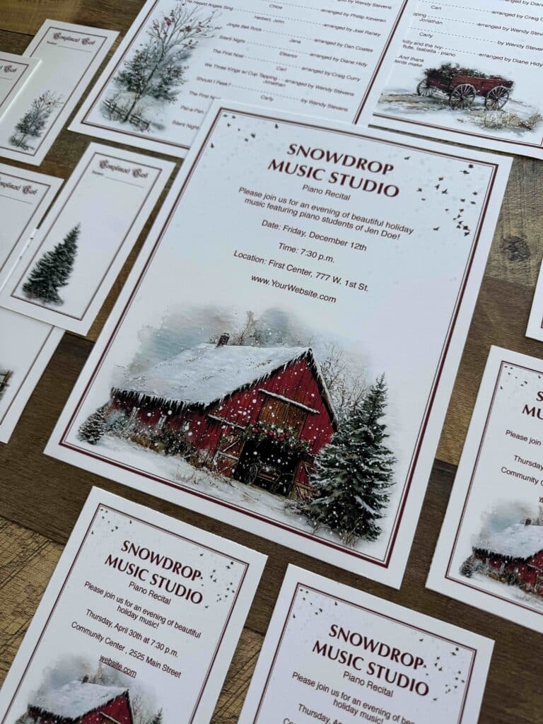 Snowy Holiday Editable Recital Template: Poster, Programs, Invitations, and Compliment Cards! | Get it on ComposeCreate.com