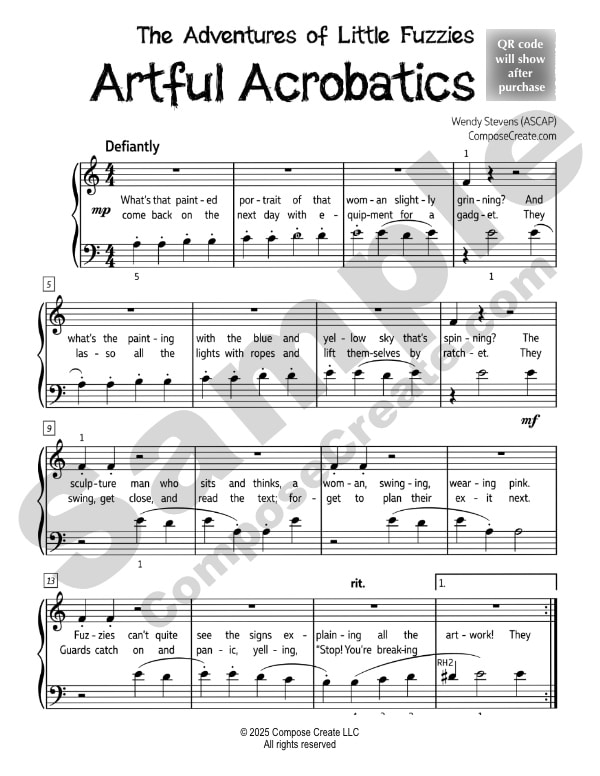 Sample page of Artful Acrobatics by Wendy Stevens | Part of the Adventures of Little Fuzzies series, exclusively available on ComposeCreate.com.